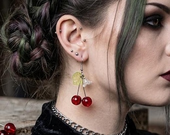 Glass Cherry Earrings: Whimsical Silver Plated Alloy Pendants