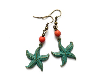 Patina verdigris starfish earrings, sea jewelry, nautical jewelry, beach earrings, starfish pendants, patina earrings, dangle earrings