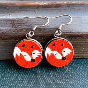 Embossed Wood Fox Earrings, Stainless Steel, Scandinavian Jewelry