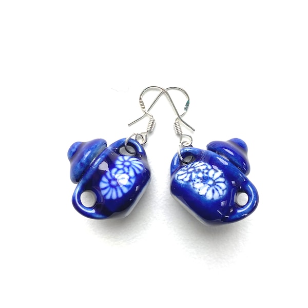 Cute sugar bowl earrings with sterling silver hooks, whimsical earrings, vintage sugar bowl, miniature earrings