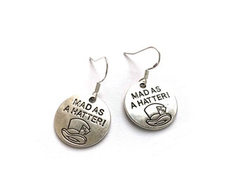 Mad as a Hatter earrings with sterling silver hooks, Alice in Wonderland inspired earrings, silver Alice earrings, fantasy earrings