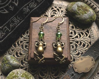 Antiqued Brass Frog Earrings: Green Glass Beads, Whimsical Jewelry