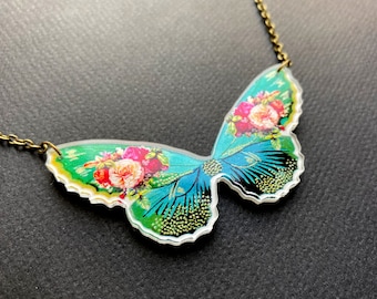 Colorful Butterfly Necklace, Boho necklace, nature jewelry, bohemian necklace, statement necklace, butterfly pendant, gifts for her