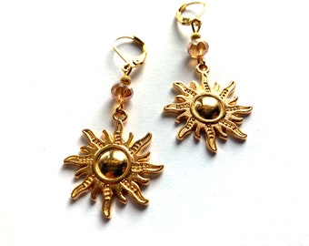 Golden sun earrings, celestial earrings, gold sun earrings, gold dangle earrings, dangle sun earrings, sunshine earrings, boho earrings