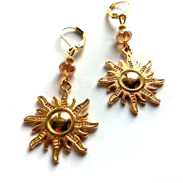 Golden sun earrings, celestial earrings, gold sun earrings, gold dangle earrings, dangle sun earrings, sunshine earrings, boho earrings
