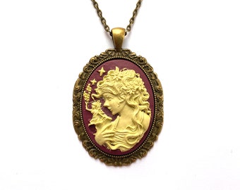 Fairy goddess cameo necklace, big cameo pendant, lady cameo necklace, vintage cameo necklace, fairy goddess necklace, woman cameo necklace