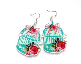 Cute acrylic bird cage earrings, lightweight earrings, statement earrings, romantic earrings, bird cage pendants, silver statement earrings