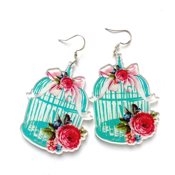 Jolies boucles d'oreilles cage à oiseau en acrylique, boucles d'oreilles légères, boucles d'oreilles tendance, boucles d'oreilles romantiques, pendentifs cage à oiseau, boucles d'oreilles tendance en argent