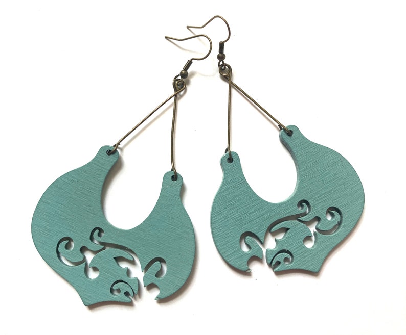 Teal wooden statement earrings with brass hooks, light earrings, Scandinavian earrings, Nordic jewelry, big turquoise earrings image 1