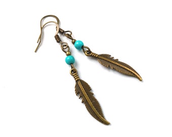 Pendientes de plumas elegantes con cuentas de piedras preciosas de color turquesa, colgante de plumas, pendientes de plumas vintage, regalos para menores de 15 años, ideas de regalos, regalos para ella