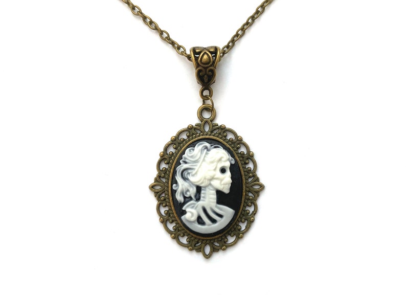 3 colours Skeleton cameo necklace, skull cameo necklace, Gothic necklace, skeleton cameo necklace, vintage cameo necklace, gifts under 15 image 1