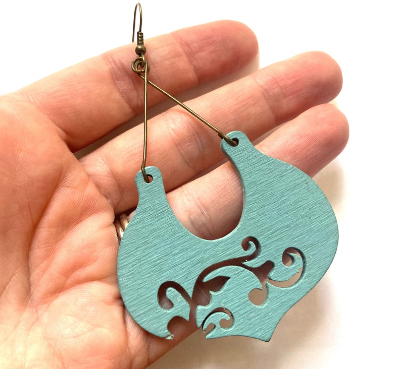 Teal wooden statement earrings with brass hooks, light earrings, Scandinavian earrings, Nordic jewelry, big turquoise earrings image 2