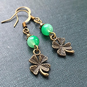 Four leaf clover earrings with green glass beads, good luck charms, vintage earrings, good luck earrings, gifts under 15, gifts for her
