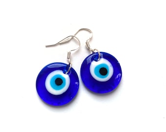Evil eye earrings with sterling silver hooks, blue glass pendants, protective jewelry, Greek evil eye, evil eye pendants, silver evil eye
