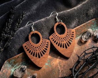 Brown Wood Statement Earrings: Scandinavian Stainless Steel Jewelry