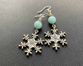 Snowflake Earrings with Sterling Silver Hooks and Blue Jade Gemstone Beads, Silver Snow Earrings, Winter Jewelry, Gift Under 20, Gift Ideas