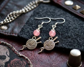 Knitter Yarn Ball Earrings, Pink Glass Beads, Surgical Steel Hooks