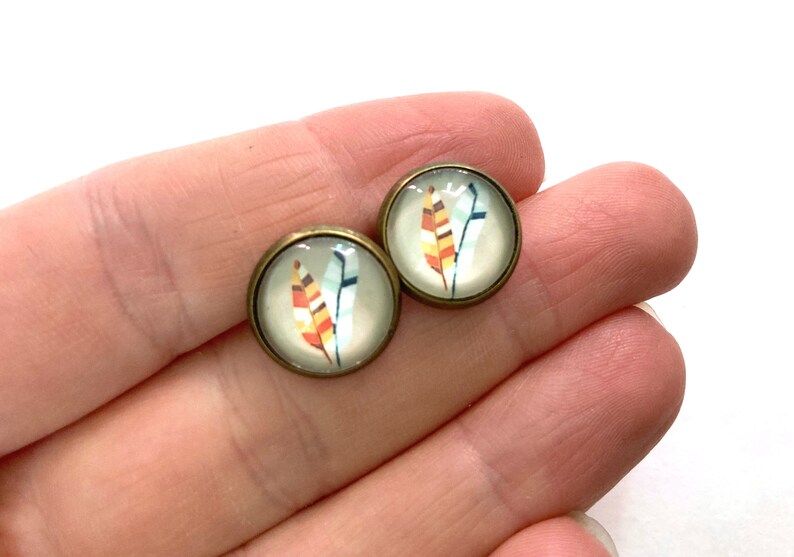 Feather stud earrings, feather pendants, Scandinavian jewelry, Nordic jewelry, Scandi earrings, vintage feather earrings, cute studs image 2