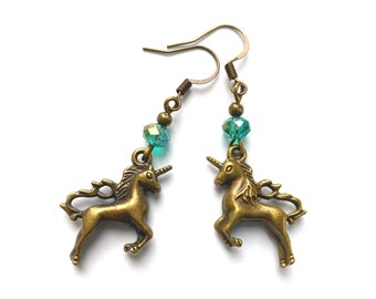 Unicorn earrings with glass beads, unicorn earrings, unicorn pendants, horse earrings, kids earrings, fun earrings, quirky earrings