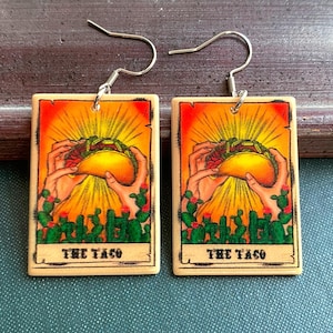 Divertenti orecchini con carte dei tarocchi 'Il taco' con ganci in acciaio inossidabile, orecchini anallergici, orecchini taco, orecchini vistosi, regalo di compleanno