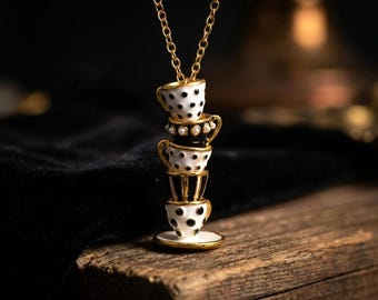 2 Colours! Teacup Stack Necklace: Alice in Wonderland Tea Party Gift
