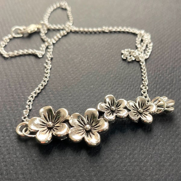Floral silver plated necklace, Boho flower necklace, cute floral necklace, gifts under 15, girlfriend gifts