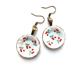 Porcelain plate earrings with cherries, vintage inspired jewelry, porcelain earrings, dangle cherry earrings, vintage earrings, fun earrings