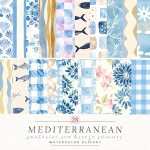 Clipart aquarelle d'été, Modèle sans couture, Santorin, Méditerranée, Grèce, plage, littoral, Stickers quotidiens, Agenda numérique, Goodnotes