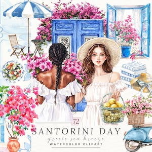 Clipart acquerello Santorini, Clipart Mediterraneo, Clipart estate Grecia, Mare, Isole Anafi, Adesivi giornalieri, Planner digitale, Goodnotes