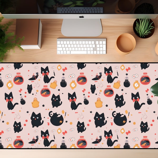 Ghibli  Kiki Delivery Service Inspired aesthetic mousepad, Cat and Magic Potions Pink desk mat, Kawaii desk mat,Pastel Desk Mat,XL Mouse Mat