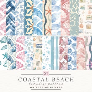 Clipart aquarelle de plage d'été, planificateur de modèle sans couture, mer, côtier, féminin, autocollants quotidiens, shabby chic, agenda numérique, Goodnotes