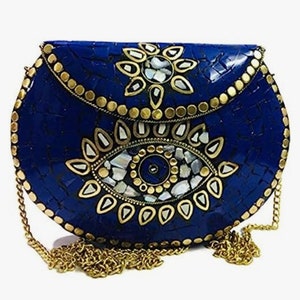 Evil eye mosaic metal clutch bag - Blue stone clutch Antique ethnic clutch - Purse for Girls sling bag, crossbody bag,