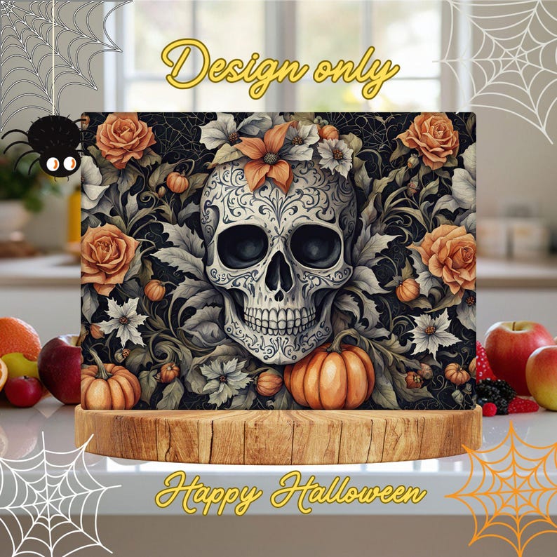 May include: A Halloween-themed image featuring a detailed skull with floral accents, pumpkins, and roses. The words "Design only" and "Happy Halloween" are written in a decorative font. The image is displayed on a wooden base.