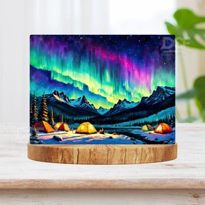 May include: A digital painting of a mountain landscape with a vibrant aurora borealis in the sky.  There are several yellow tents set up in the snow, with a lake in the foreground.