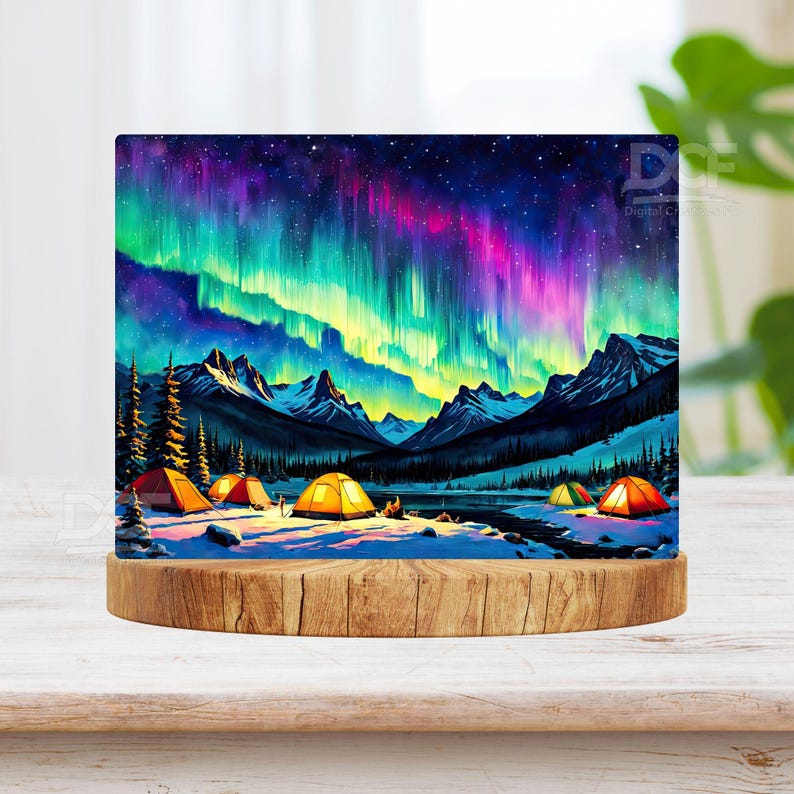May include: A digital painting of a mountain landscape with a vibrant aurora borealis in the sky.  There are several yellow tents set up in the snow, with a lake in the foreground.
