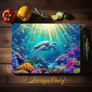 May include: A colorful underwater scene with a sea turtle swimming through coral reefs. The turtle is green and brown with a light blue shell. The coral reefs are a variety of colors, including pink, purple, orange, and yellow. The water is a bright blue and there are sunbeams shining down from above.