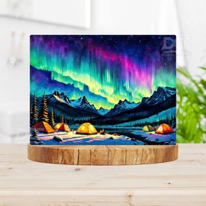 May include: A digital painting of a mountain landscape with a vibrant aurora borealis in the sky. Several orange tents are set up in the snow, suggesting a camping trip under the northern lights.