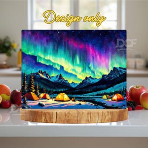 May include: A colorful aurora borealis scene with a mountain range and a lake in the foreground. There are several orange tents set up in the snow near the lake. The sky is filled with vibrant green, blue, and purple lights.
