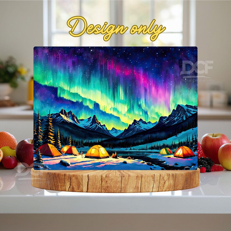 May include: A colorful aurora borealis scene with a mountain range and a lake in the foreground. There are several orange tents set up in the snow near the lake. The sky is filled with vibrant green, blue, and purple lights.