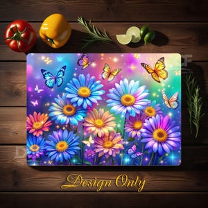 Vibrant Blue Daisies and Butterfly Cutting Board, Glass Cutting Board Sublimation, Chopping Board Sublimation Design, PNG, Jpeg
