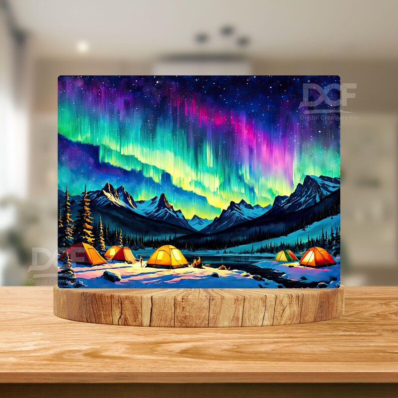 May include: A digital painting of a mountain landscape with a vibrant aurora borealis in the sky.  There are several yellow tents set up in the snow, suggesting a camping trip under the northern lights.