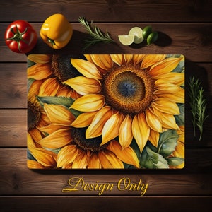 May include: A close-up of a cutting board with a sunflower design. The sunflowers are painted in shades of yellow, orange, and brown. The background is a dark wood.