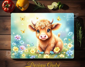 Cute Highland Cow, Daisy Glass Cutting Board Sublimation Designs, Chopping Board, Sublimation Cutting Board, butterflies design, PNG