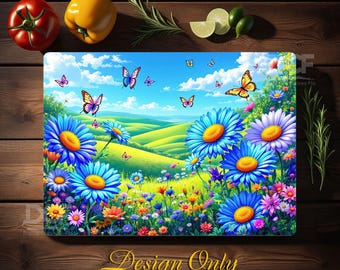 May include: A colorful cutting board with a design of a field of blue flowers and butterflies against a blue sky with white clouds. The design is on a white background.