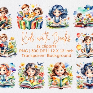 Clipart di bambini che leggono, bambini che leggono libri, acquerello, bambini che leggono, decorazione per angolo lettura per bambini, clipart di bambini che leggono, bambini che leggono, PNG