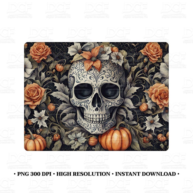 May include: A decorative image featuring a detailed skull with floral and pumpkin accents. The skull is adorned with intricate patterns and surrounded by orange roses, pumpkins, and foliage. The image includes the text: PNG 300 DPI &bull; HIGH RESOLUTION &bull; INSTANT DOWNLOAD.