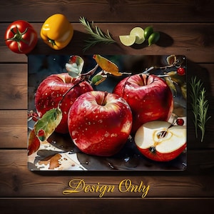 May include: A glass cutting board with a design of four red apples, two yellow peppers, and green limes. The apples are arranged in a cluster with leaves and branches. The cutting board is on a wooden surface.
