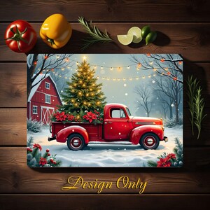 May include: A red vintage pickup truck with a Christmas tree in the bed, driving through a snowy winter scene. The truck is decorated with lights and there is a red barn in the background.