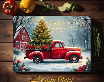 Christmas Truck Png, Red Pickup Truck, Christmas Glass Cutting Board Sublimation Designs, Christmas Chopping Board, Christmas Tree