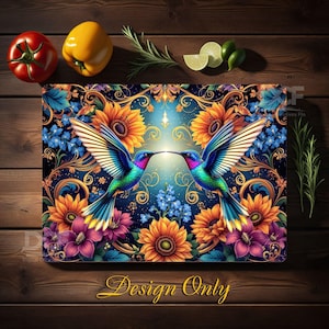 May include: Two colorful hummingbirds with iridescent wings are facing each other with beaks touching. They are surrounded by a floral design with sunflowers, blue flowers, and gold swirls on a dark blue background.